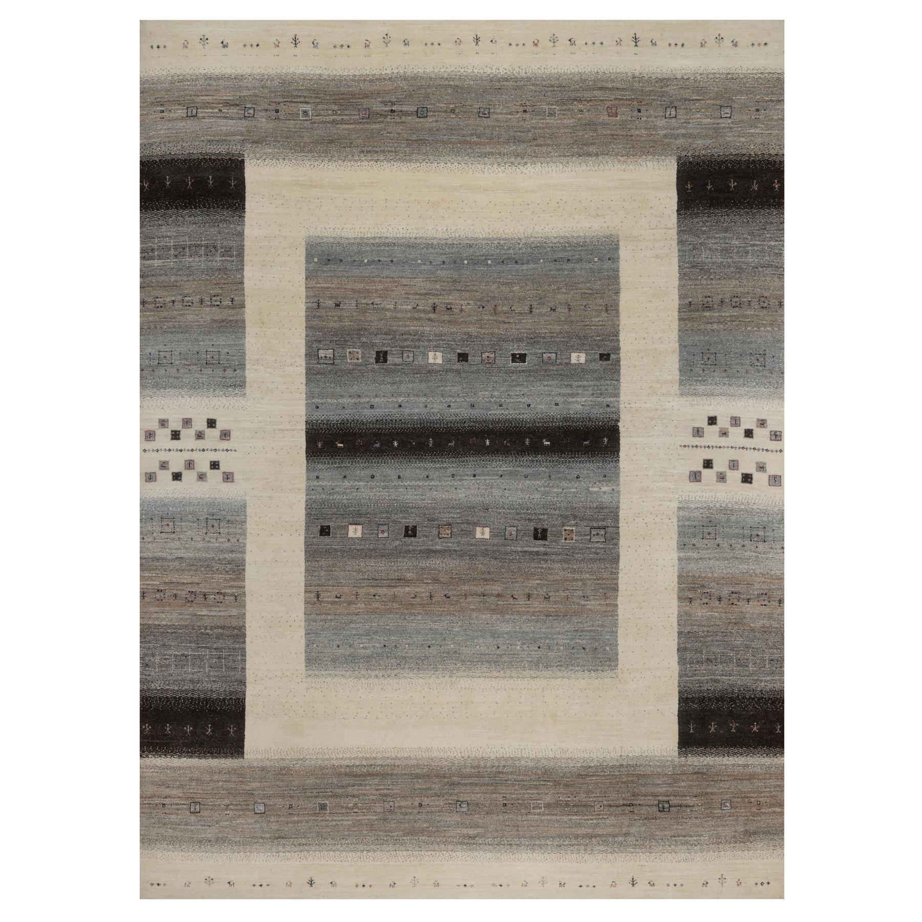 8'10"x12' Parchment White, Modern, Lori Buft Gabbeh with Small Animal and Human Figurines, Hand Knotted, Pure Wool, Thick and Plush, Oriental Rug 
